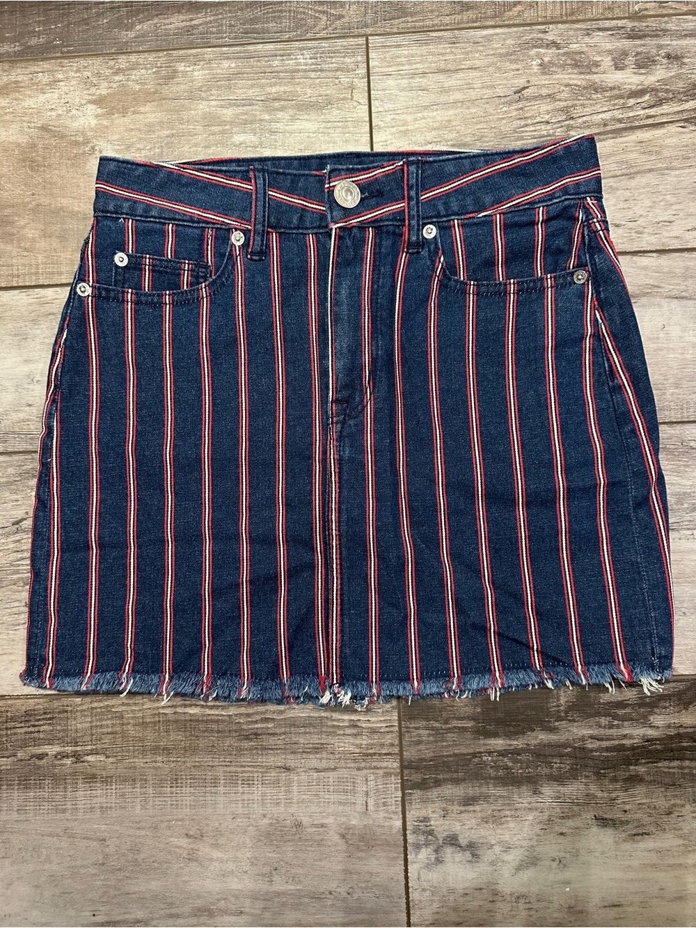 Striped Denim Mini Skirt - Navy with Red & White Stripes